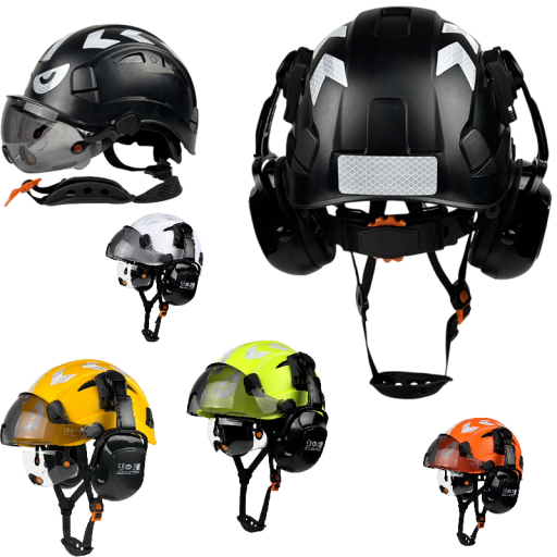 Biztonsági sisak beépített szemüveggel és pajzsal Fültokok 53-63 cm-es méret Vented ABS héj Állítható tekerővel