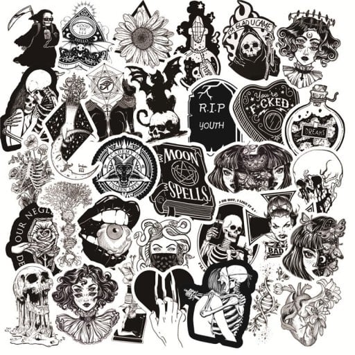 Black and white stickers with gothic motifs 50 pcs Set of PVC stickers measuring 3 to 7 cm In a dark style for fans of horror and mysticism