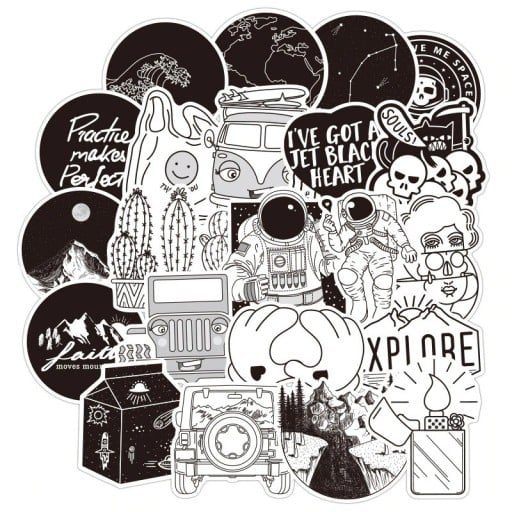 Black and White Stickers with Travel and Space Themes 50 pcs PVC Sticker Set with Illustrations and English Phrases Size 3 to 8 cm