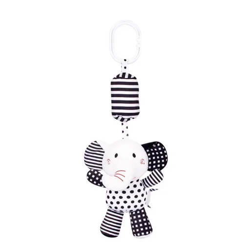 Black and White Stroller Rattle 27 cm Elephant Plush Toy for Babies Visual Stimulation Sensory Development Baby Accessories