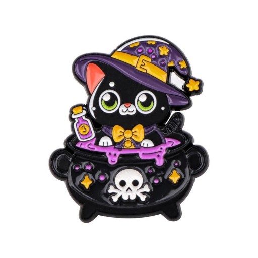 Black Cat Badge in a Cauldron with a Hat Approximately 3.3 x 3.1 cm Black Purple Yellow Pin Animal Motif for Backpack Clothing Accessory