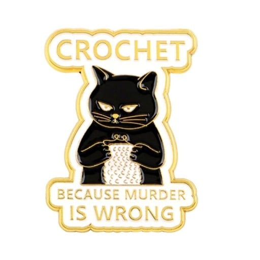Black Cat Brooch with the Inscription CROCHET Approximately 3.3 x 3.1 cm Black and White Badge with Knitting Motif for Jacket Backpack Stylish