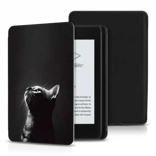 Black Flip Case for 6 Inch Kindle 10th Generation 2019 with a Black and White Portrait of a Cat Looking Up with a Hand Strap and Screen Protector