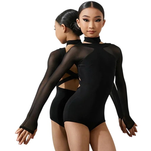 Black Girls' Dance Bodysuit with Long Sleeves and Mesh, Crossed Back, High Neck, Elastane Material, for Latin and Dance