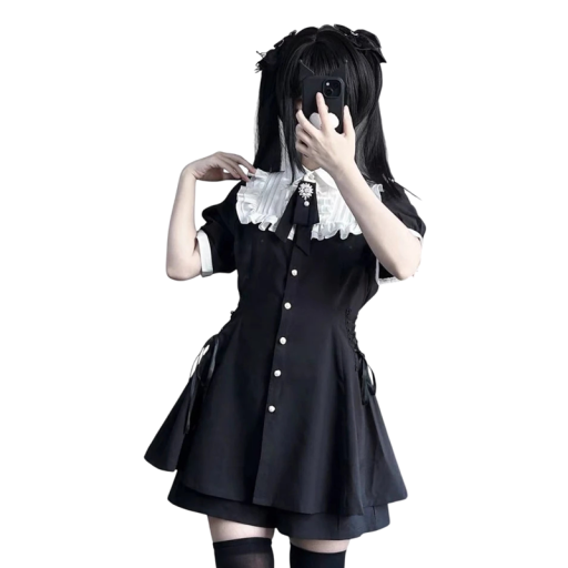 Black Gothic Lolita Dress with Short Sleeves Pearl Buttons White Ruffled Collar Black Ribbon with Brooch Side Lacing Elegant Style Cosplay