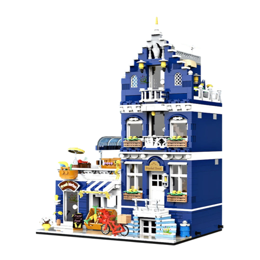 Blåt rækkehus med butik byggesæt 1456 dele toetagers hus 19 x 14,5 x 27 cm byggesæt med LED lyskæde detaljeret model