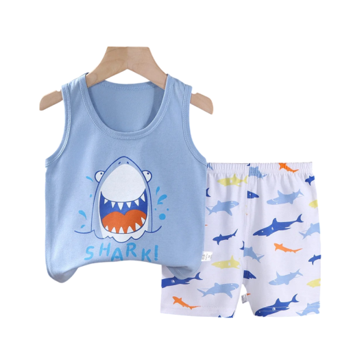 Blaues Kinder-Set mit Hai, Tanktop mit breiten Trägern und Gummihosen, Unisex, Baumwoll-Sommeranzug
