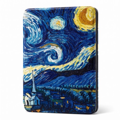 Blauwgeel flipcase 6 inch voor Kindle 10e generatie 2019 met schilderij van een draaiende nachtelijke hemel en de maan boven een dorp met een band