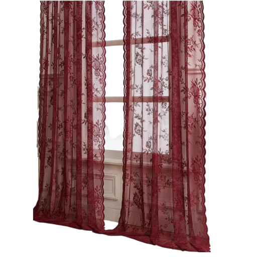 Blondegardin med vinsort mønster, størrelse 100 x 200 cm, gennemsigtigt stof, vinsort, til stuen, soveværelset og spisestuen