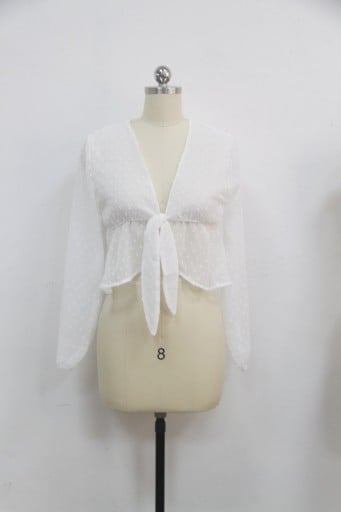 Blouse blanche pour femme avec décolleté en V profond et nœud à l'avant Tissu légèrement transparent Manches longues Coupe plus courte à la taille