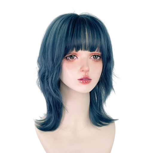 Blue Synthetic Wig with Fringe Lolita Anime Cosplay Short Straight Fluffy Medium Length High-Temperature Fibre Wig for Daily Wear Party