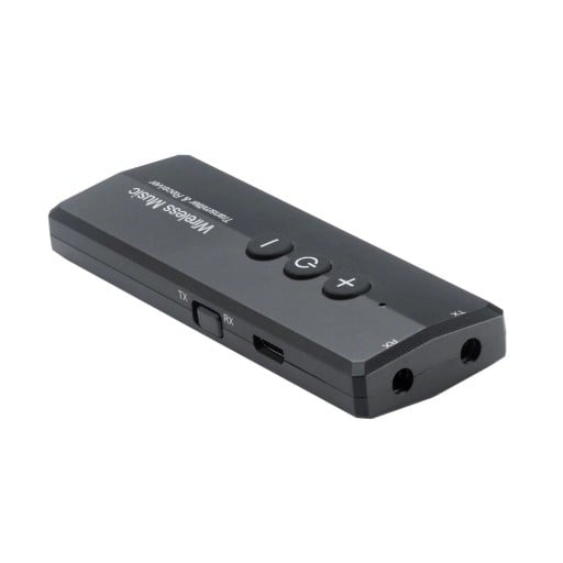 Bluetooth 5.0 audio přijímač a vysílač 2v1 pro bezdrátový přenos zvuku Přepínač režimů TX a RX 2x 3,5mm jack Micro USB Dosah 10 až 15 m