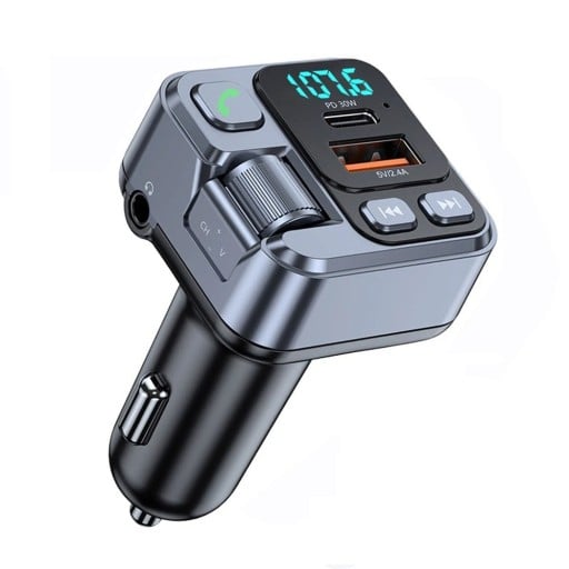 Bluetooth 5.1 FM zender voor auto MP3 stereo speler handsfree set met 3,5mm AUX USB 2,4A en 30W PD USB-C snelladen met kleurverlichting