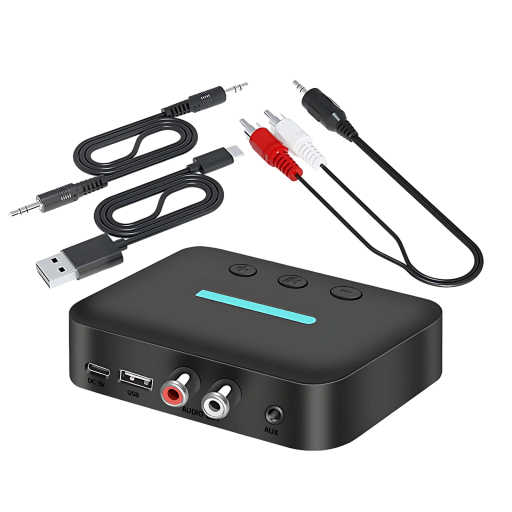 Bluetooth 5.3 audio prijímač adaptér s RCA káblom výstup 3,5 mm AUX a R/L RCA podpora U-disku napájanie USB-C čierny k reproduktoru