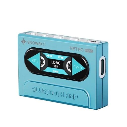 Bluetooth DAC sluchátkový zesilovač s kodeky LDAC a aptX Adaptive výstupy 3,5 mm i 4,4 mm baterie retro design modrý do 150 ohmů
