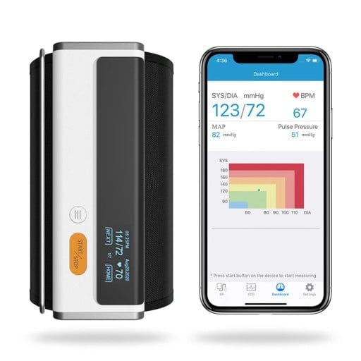Bluetooth-os vérnyomásmérő karra telefonos alkalmazással 22-42 cm-es mandzsettával Egygombos vezérlés Fekete-fehér Otthoni vérnyomás- és pulzusméréshez