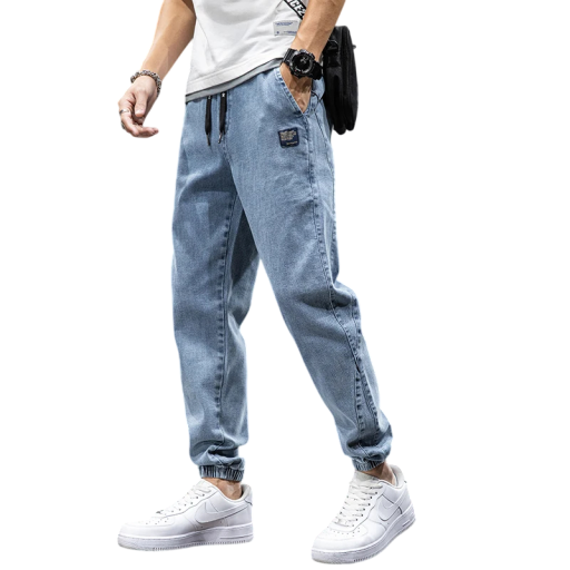 Blugi cargo largi pentru bărbați, stil streetwear, talie elastică cu șnururi, buzunare multiple, pantaloni lejeri cu tiv elastic pentru bărbați