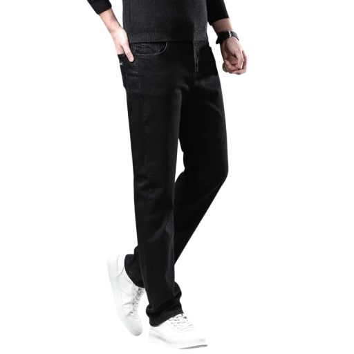 Blugi de iarnă pentru bărbați, negri, elastici, cu croială dreaptă, căptușeală din fleece, pantaloni calzi pentru vreme rece, eleganți, de iarnă
