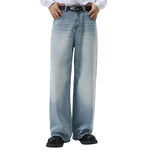 Blugi vintage pentru bărbați, croială lejeră, aspect spălat, croială dreaptă, picioare largi, stil lejer, pantaloni casual retro