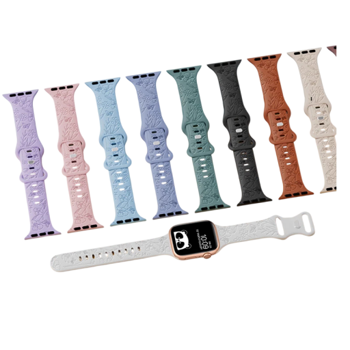 Blumengravierter Armband 42 mm für Apple Watch Series 10 Silikonarmband mit Schmetterlingen und wilden Blumen Französischer romantischer Stil