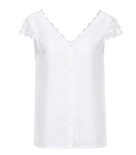 Blusa blanca para mujer con mangas cortas de encaje Espalda escotada con encaje Escote en V y botones en el frente Material: poliéster y spandex