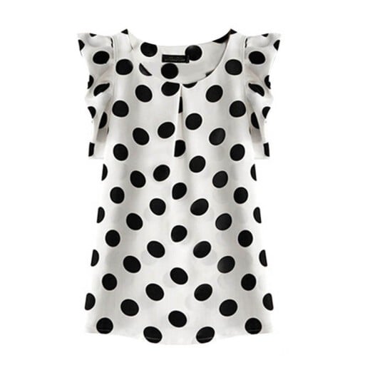 Blusa de chiffon feminina com bolinhas e mangas curtas com volantes Decote redondo com pregas na frente Muito confortável Material agradável