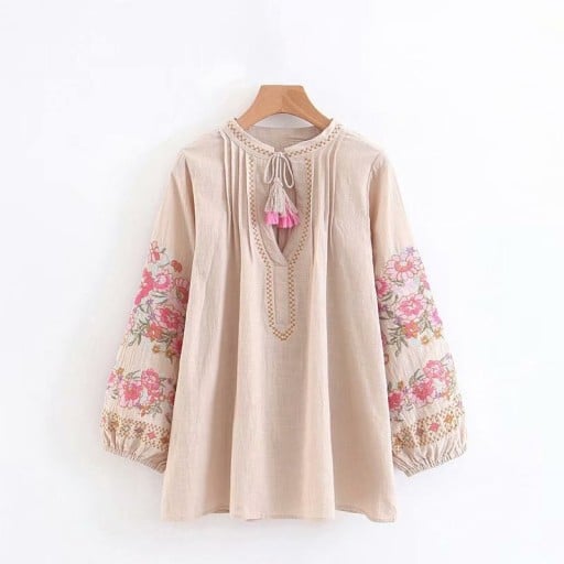 Blusa de primavera feminina com padrão floral em mangas longas soltas Decote com cordão e franjas Costura decorativa Algodão e linho