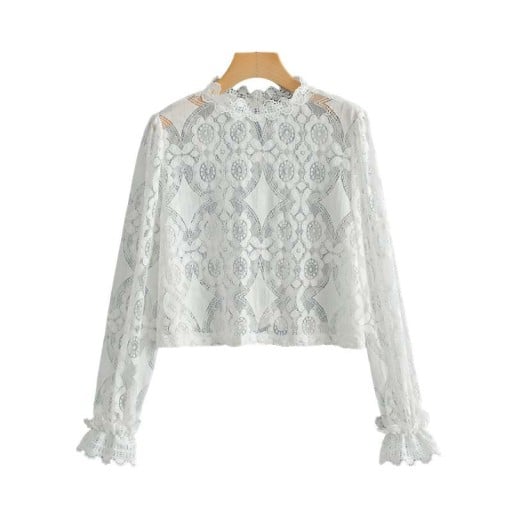 Blusa de renda feminina com mangas longas Renda branca transparente com padrão floral Volantes nas mangas Gola alta Algodão e poliéster