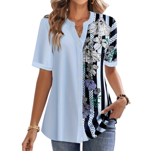 Blusa feminina azul claro com padrão floral Design riscado Botões Manga curta Blusa elegante em tamanhos grandes