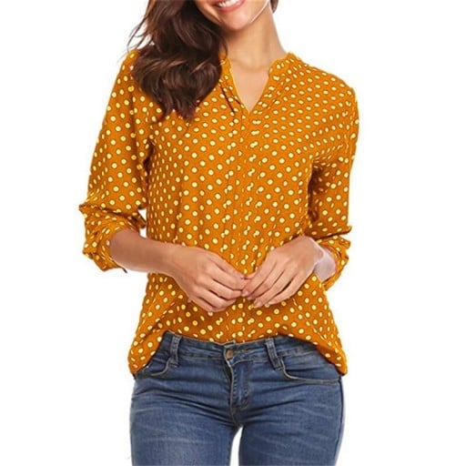 Blusa feminina com bolinhas e mangas longas Decote em V Corte clássico solto Poliester agradável Fácil de combinar