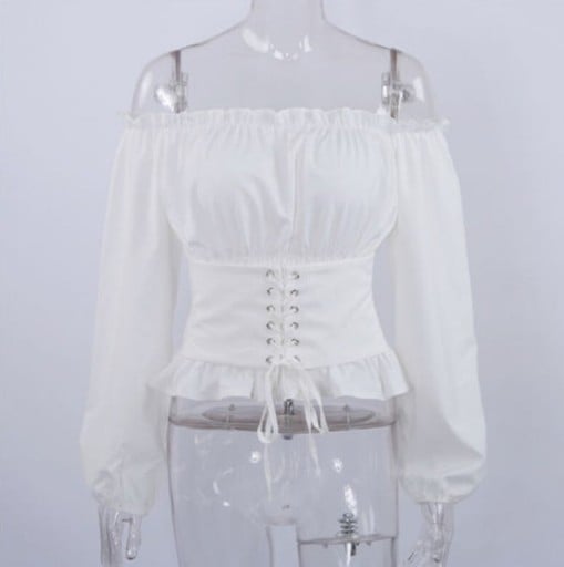 Blusa feminina com ombros à mostra e cintura de corpete com atilho Mangas longas e bufantes Volante na bainha Seda artificial