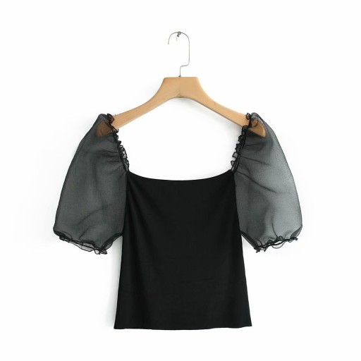 Blusa nera da donna con maniche trasparenti
