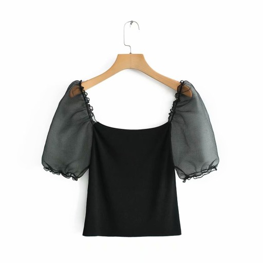 Blusa nera da donna con maniche trasparenti