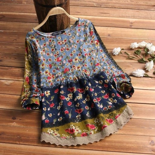 Bluză din bumbac pentru femei cu imprimeu floral și margine din dantelă compusă din dungi cu modele diferite, mâneci lungi, decolteu rotund