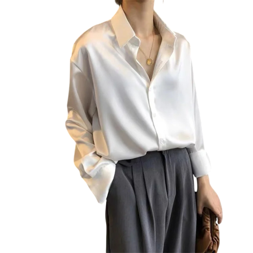 Bluză elegantă de damă din satin fin, cu mâneci lungi. Cămașă lejeră cu guler. Top elegant cu nasturi, atât pentru serviciu, cât și pentru seară.