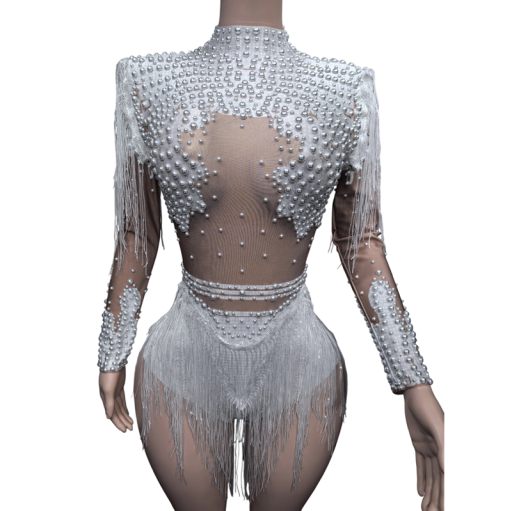Body de dans pentru femei argintiu cu perle și ciucuri, mâneci lungi, guler înalt și plasă, material rayon, pentru latino și spectacole