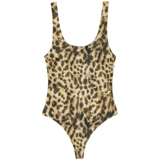 Bodyuri femei ajustate cu bretele late, decolteu rotund adânc și pantaloni scurți foarte decupați din material elastic cu imprimeu leopard