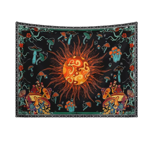 Bohemian Tapestry 60 x 90 cm with Sun and Mushrooms Wall Hanging Boho Decoration for Bedroom and Living Room Washable Waterproof Dirt-Repellent