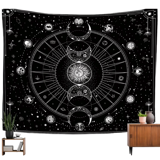 Bohémische Wandteppich mit Motiv von Mond, Sonne und Sternbildern Wandbehang Boho Dekoration Waschbar Wasserabweisend Schmutzabweisend Schlafzimmer Wohnzimmer