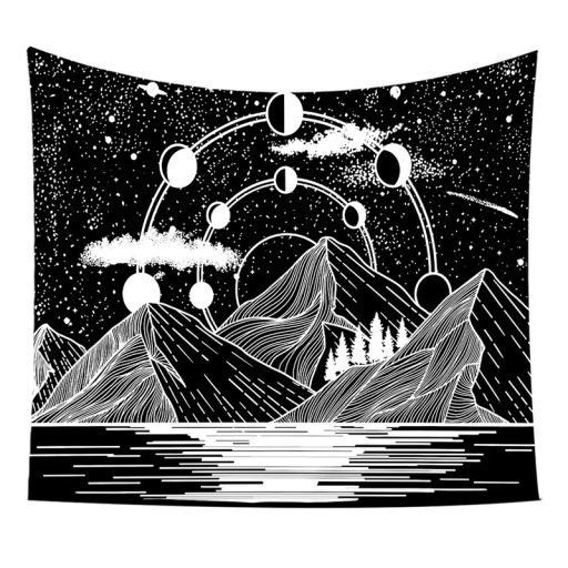 Bohémiseinävaate 60 x 90 cm vuorten ja kuun motiivilla Sisustus makuuhuoneeseen Olohuone Meditaatiosali Vedenkestävä verho Konepestävä