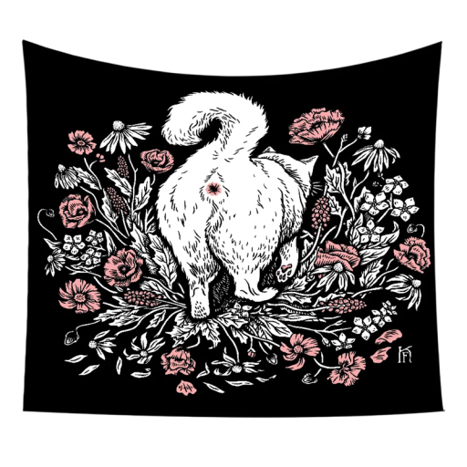 Bohémisk vävtapet 60 x 90 cm med motiv av katt och blommor Vägghäng Boho dekoration för sovrum och vardagsrum Tvättbar Vattentålig Smutsavvisande