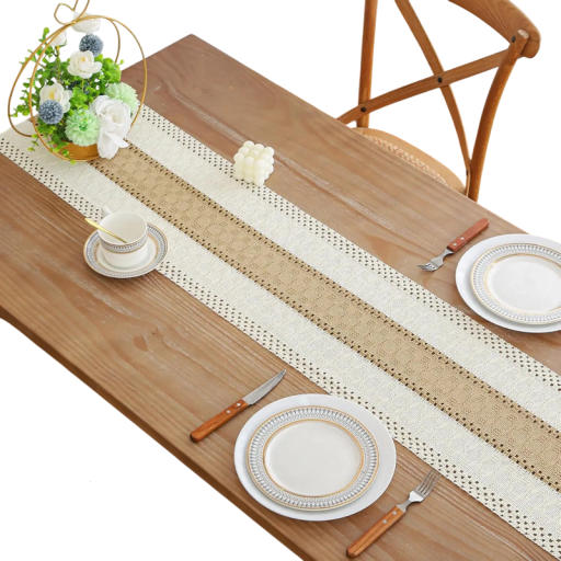Boho běhoun na stůl 30x240 cm Lněný rustikální styl s třásněmi Makramé pytlovina a bavlna Farmářský dům přírodní dekorace svatba oslava