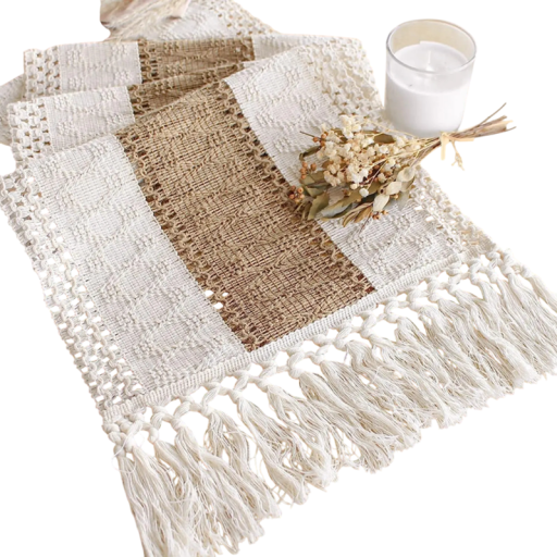 Boho Tischläufer 30x120 cm Leinen rustikaler Stil mit Fransen Makramee Jute und Baumwolle Dekoration Bauernhaus Hochzeit Feier