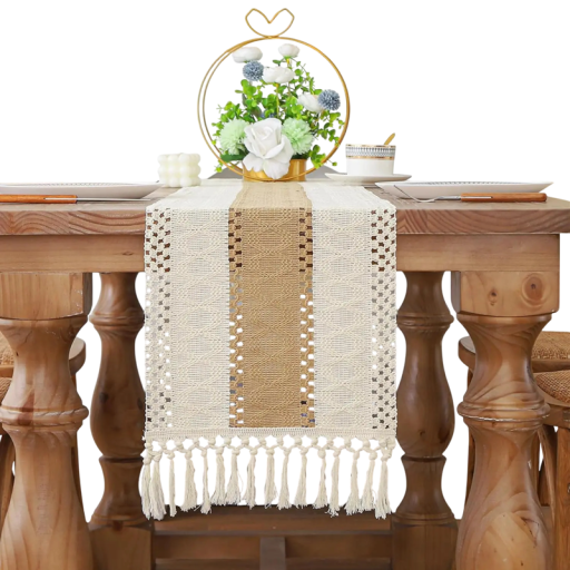 Boho Tischläufer 30x220 cm Leinen rustikaler Stil mit Fransen Makramee Jute und Baumwolle Landhaus natürliche Dekoration Hochzeit Feier