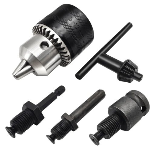 Bohrfutter für Bohrmaschinen mit Spannbereich von 1,5 bis 13 mm und Gewinde 1/2" 20UNF schwarz 4-teiliges Set mit SDS-Plus Schaft und 1/4" Sechskant 58 mm Länge