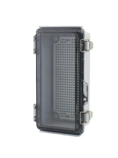 Boîte de distribution extérieure IP67 en plastique ABS avec couvercle transparent gris, dimensions 20 x 10 x 7 cm, plaque de montage incluse