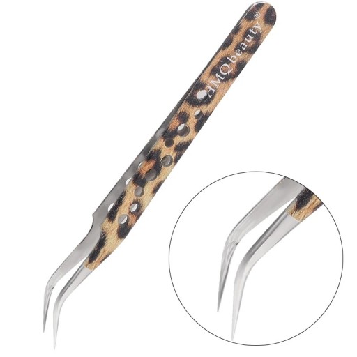 Bøjet pincet til vipper Perforeret håndtag og præcise spidser Rustfrit stål antistatisk Leopardmønster Til forlængelse af kunstige vipper
