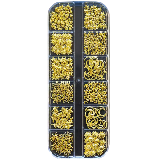 Boks med gyldne neglepynte stjerner, måner, soler metal 3D dekorationer manicure nail art DIY pynt nitter og studs
