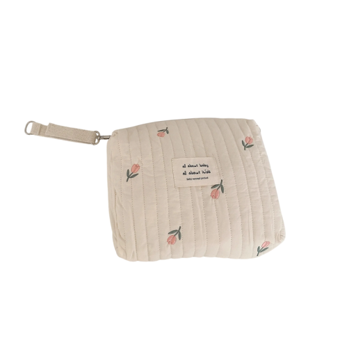 Bolsa de algodão portátil para fraldas 25 x 16 x 8 cm Bolsa de armazenamento com fecho Bordado padrão tulipas Organizador de pensos higiénicos e cosméticos
