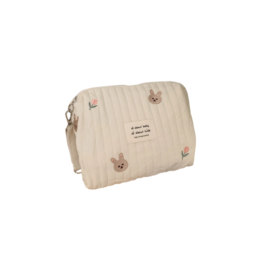 Bolsa de algodão portátil para fraldas 25 x 16 x 8 cm Bolsa de armazenamento com fecho de correr Bordado padrão coelhinhos Organizador de pensos higiénicos e cosméticos